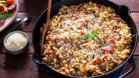 Gratin d’orzo sans gluten au bœuf fondant et éclats de poivrons