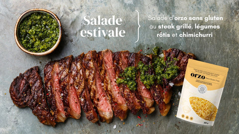 Salade d’orzo sans gluten au steak grillé, légumes rôtis et chimichurri