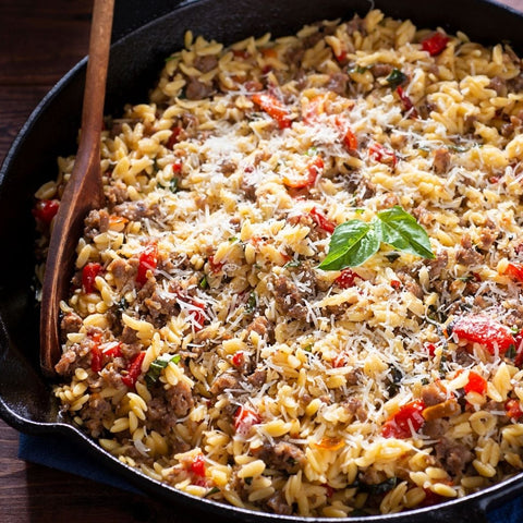 Gratin d’orzo sans gluten au bœuf fondant et éclats de poivrons